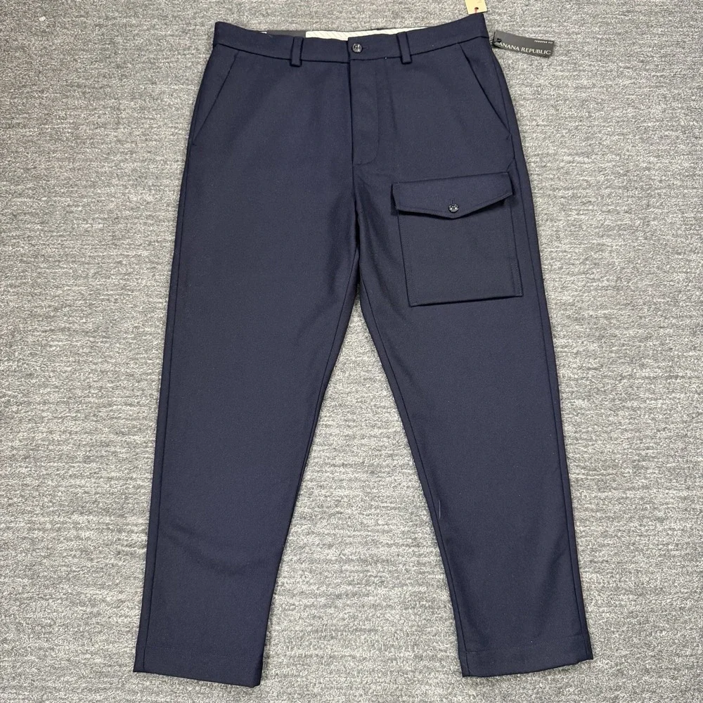 Banana Republic Trooper Fit Pants Men 34X32 Blue Wool Relaxed Crop Taper Relaxed